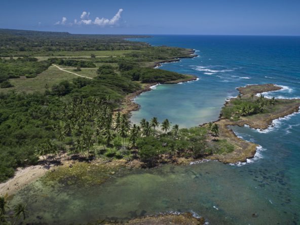 buyDRproperty Aerial view of oceanfront development property with marina potential, featuring a coastline, lush green vegetation, and clear blue waters. Sosua Real Estate