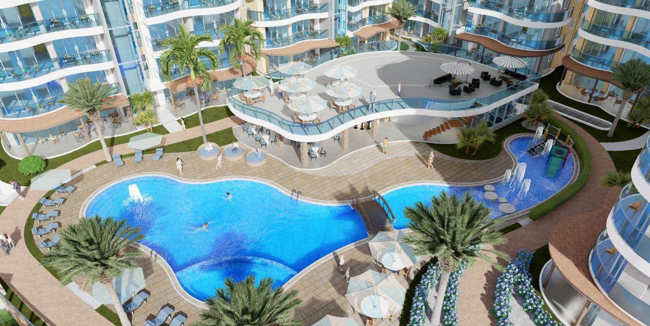 Aerial view of Condos and Pool In Atlantic Luxury Towers