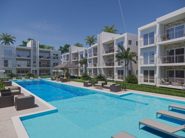 buyDRproperty Sosua 2BR pre-construction condo for sale with pool and palm trees Sosua Real Estate
