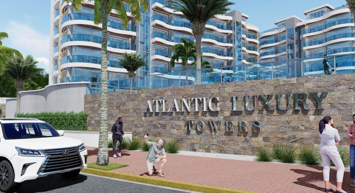 View of Atlantic Luxury Towers name on front wall