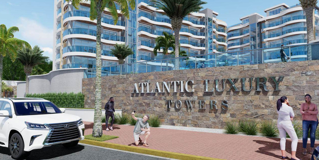 View of Atlantic Luxury Towers name on front wall
