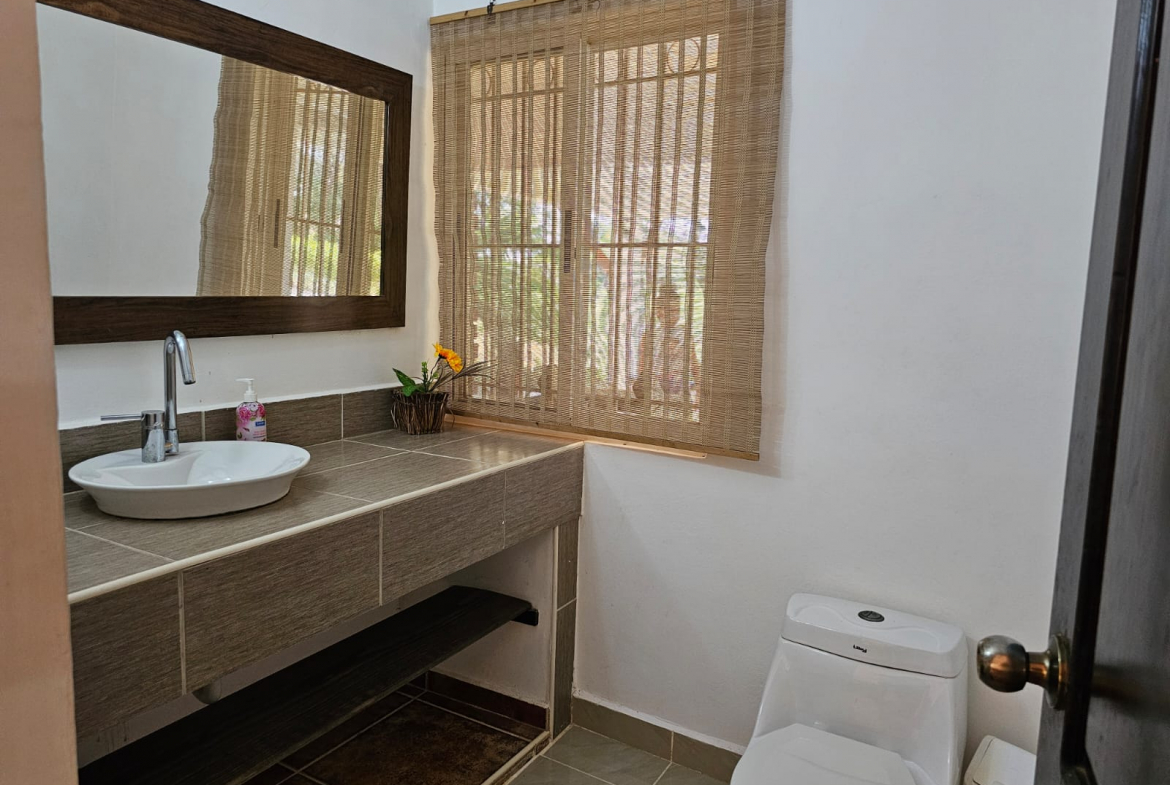 buyDRproperty Bathroom with a modern sink, mirror, woven window shade, and toilet in a Sosua villa. Sosua Real Estate