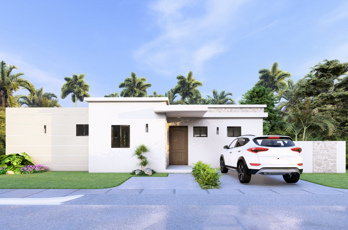 buyDRproperty Modern white house with a car in Casa Linda Villa BLISS V5845RCL. Sosua Real Estate