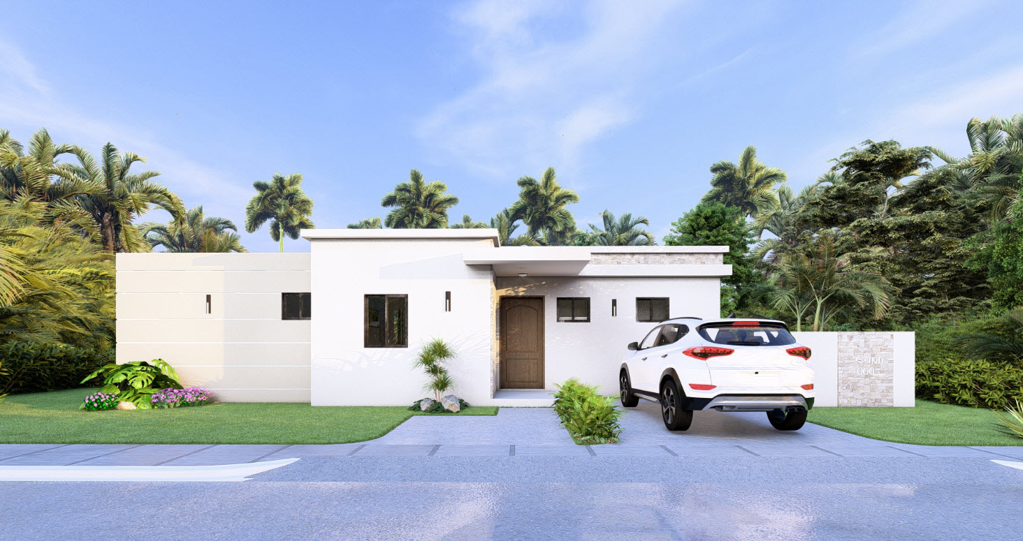 buyDRproperty Modern white house with a car in Casa Linda Villa BLISS V5845RCL. Sosua Real Estate