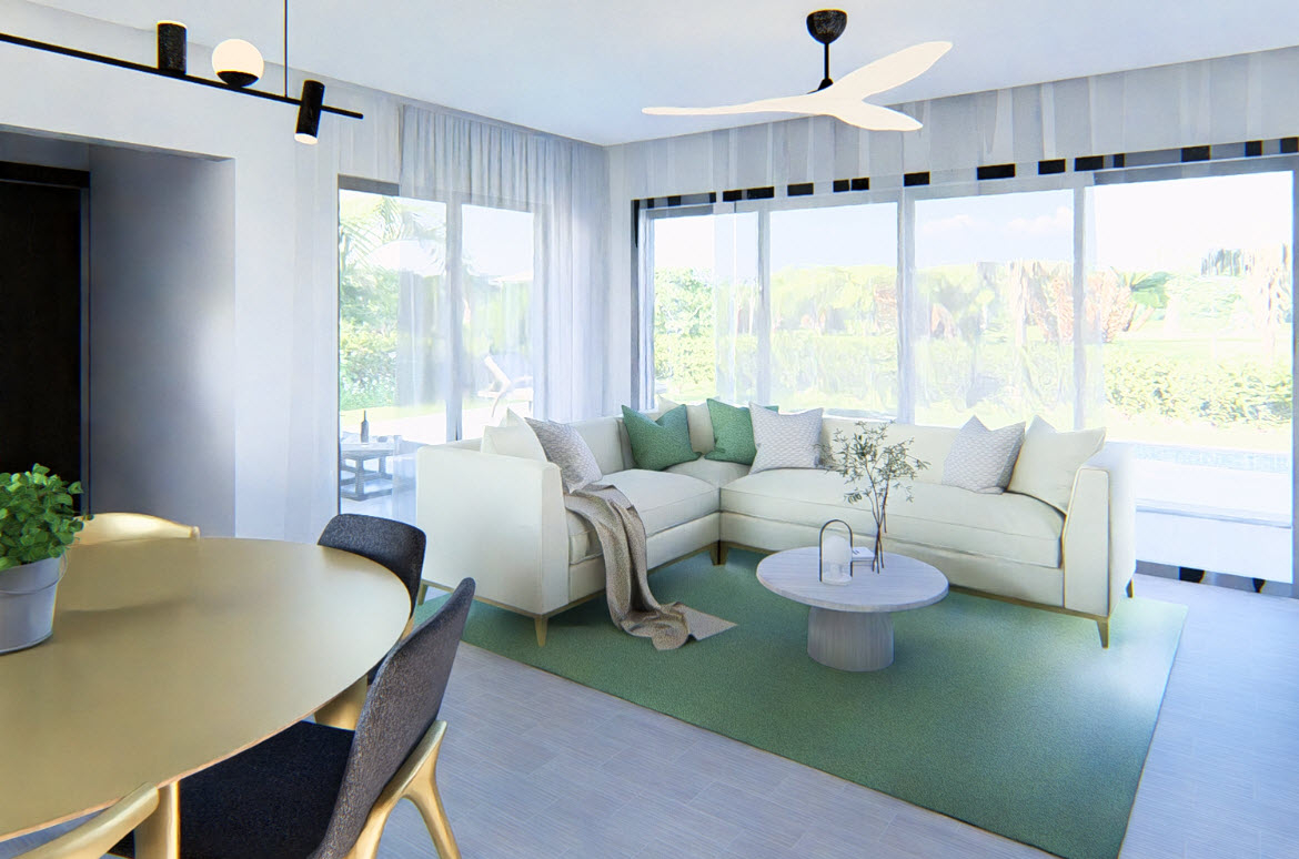 buyDRproperty Modern living room with sectional sofa, green rug, and large windows, part of the Bliss villa. Sosua Real Estate