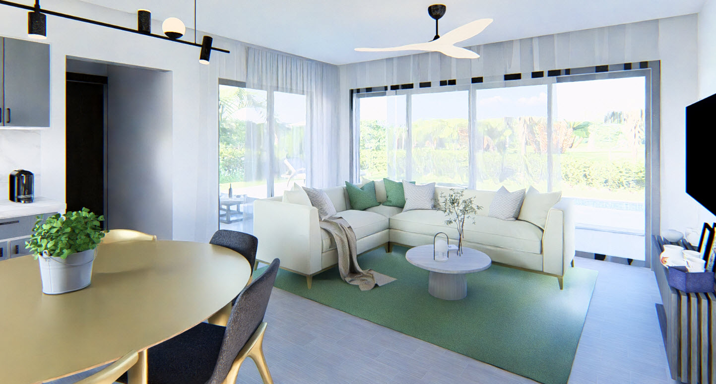 buyDRproperty Modern living room with sectional sofa, green rug, and large windows, part of the Bliss villa. Sosua Real Estate