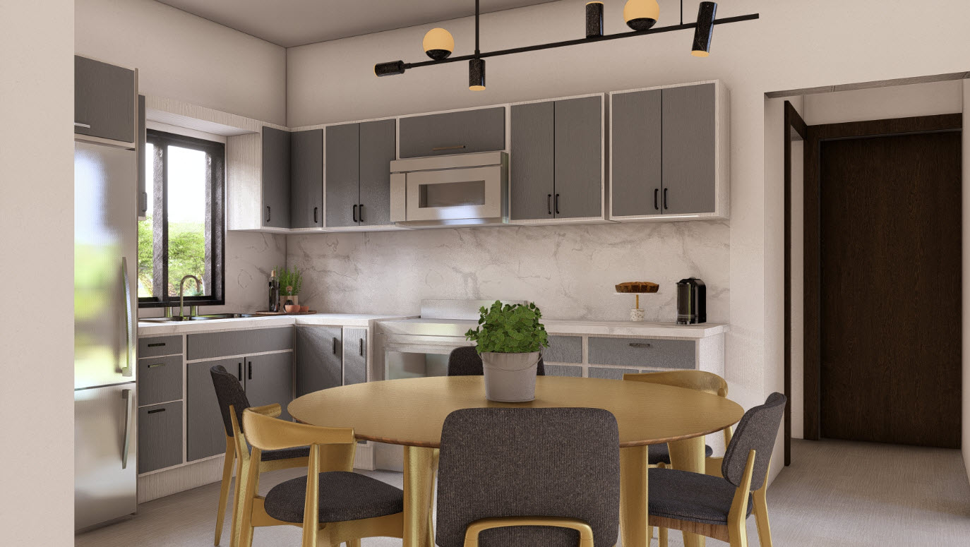 buyDRproperty Modern kitchen with gray cabinets and round dining table. The home is a Casa Linda Villa, Bliss. Sosua Real Estate