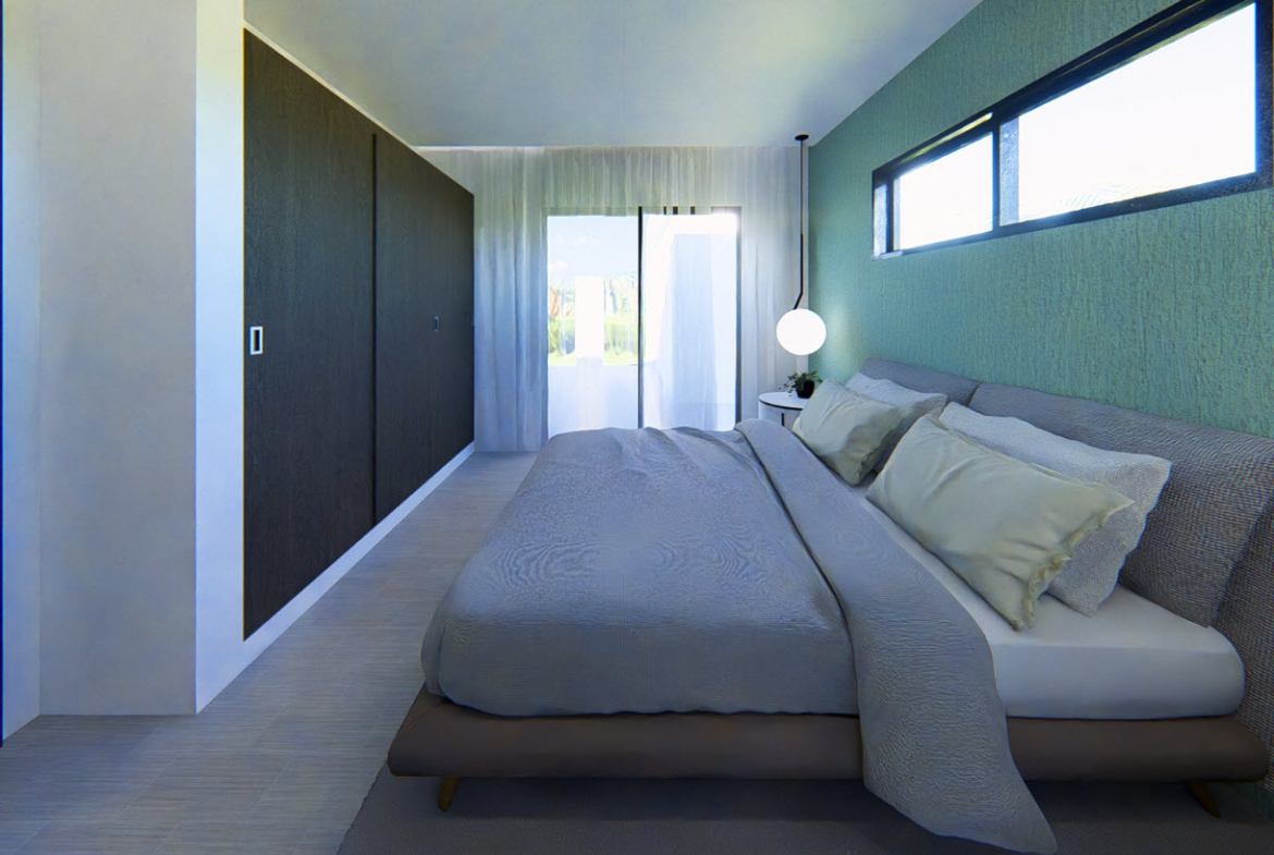 buyDRproperty Modern bedroom with a gray bed and teal wall, perfect for Bliss. Sosua Real Estate