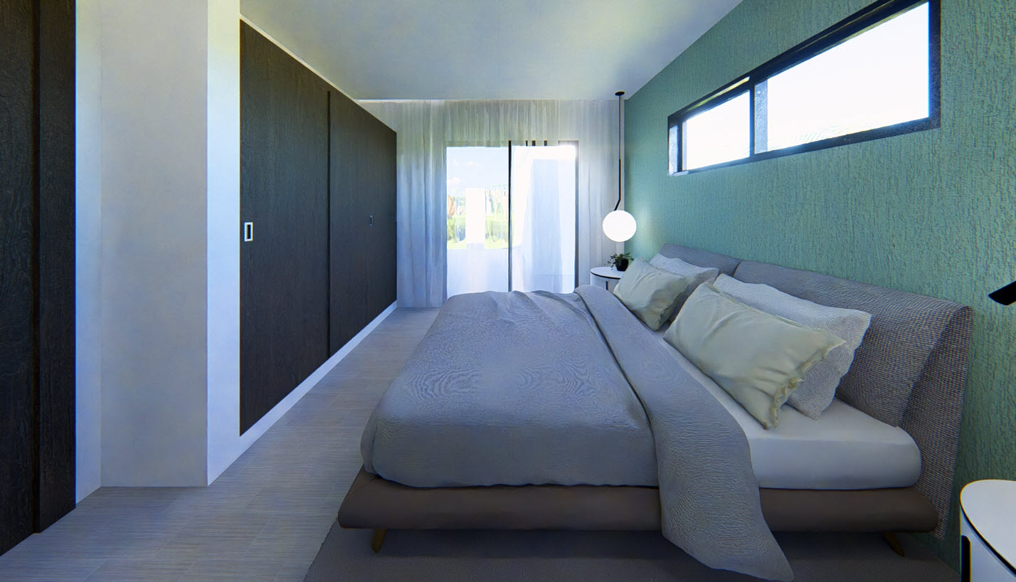buyDRproperty Modern bedroom with a gray bed and teal wall, perfect for Bliss. Sosua Real Estate