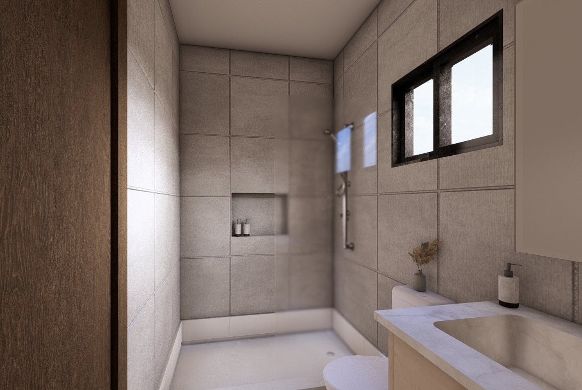 buyDRproperty Modern bathroom with gray tile, shower, and a window. The Casa Linda Villa BLISS bathroom. Sosua Real Estate