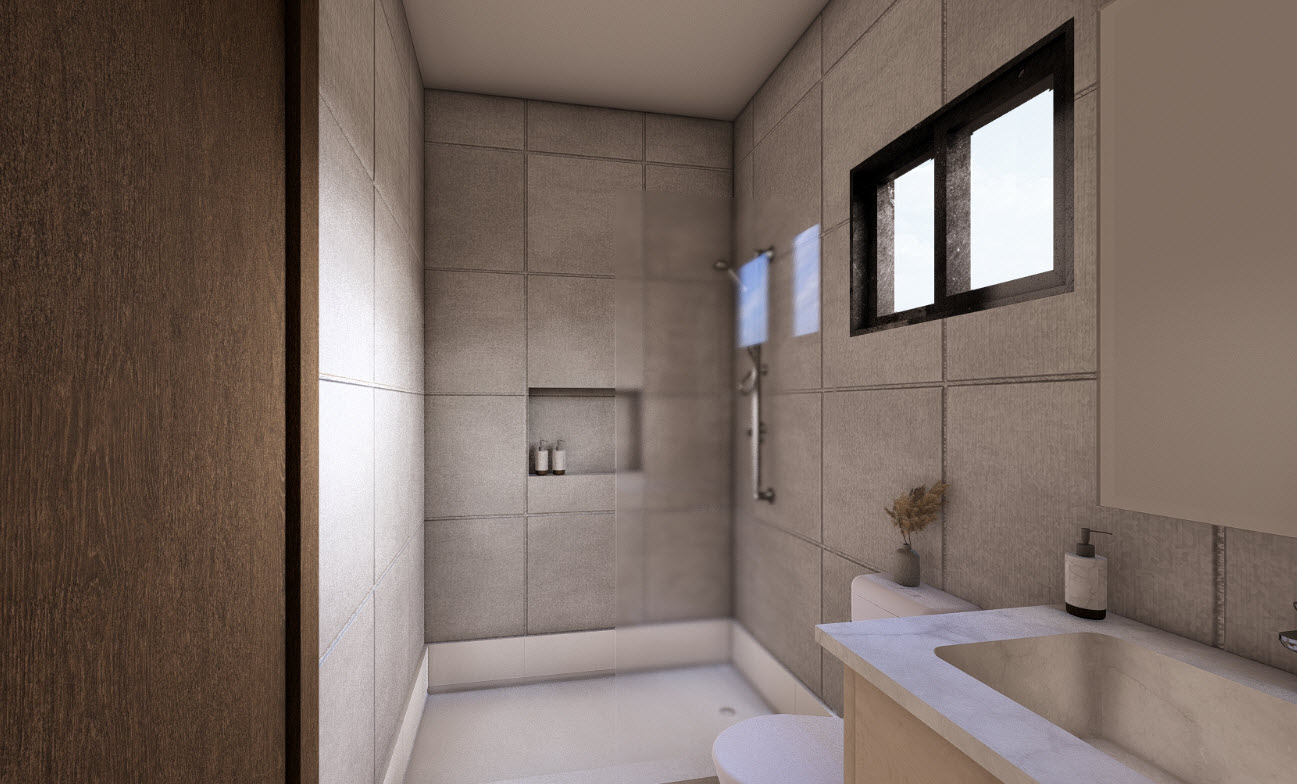 buyDRproperty Modern bathroom with gray tile, shower, and a window. The Casa Linda Villa BLISS bathroom. Sosua Real Estate