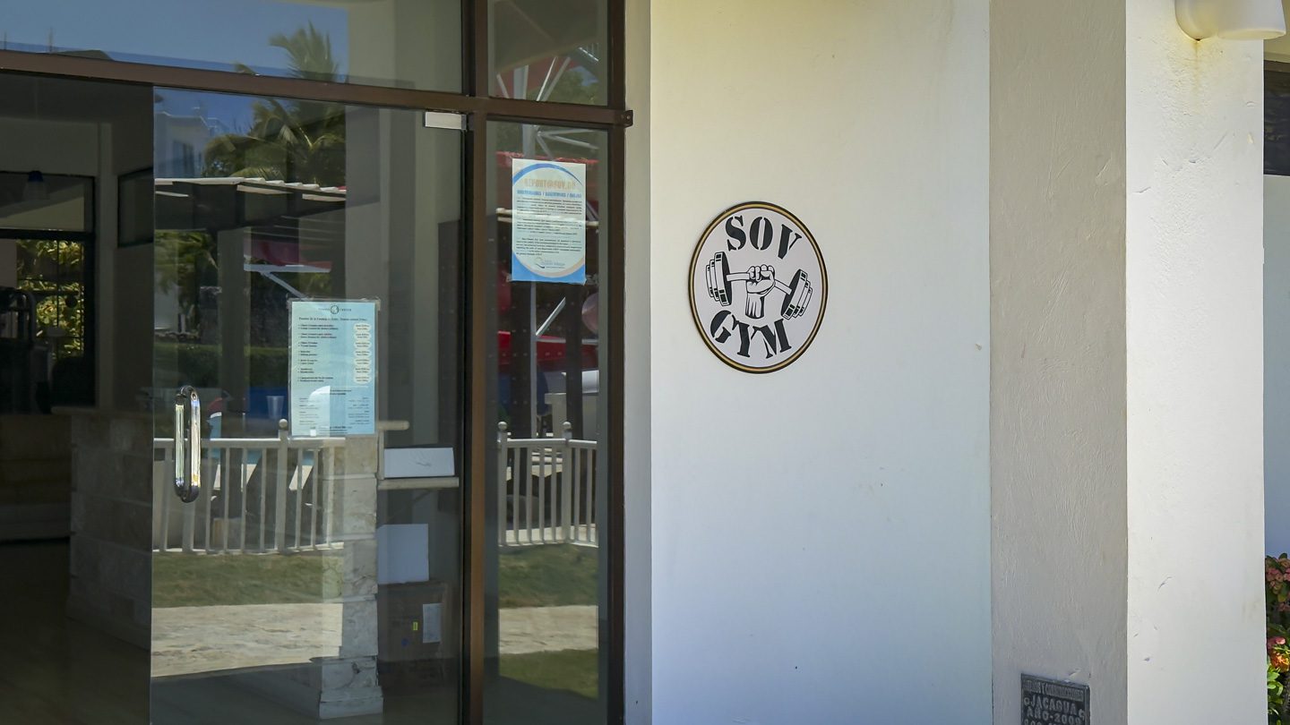 buyDRproperty SOV Gym entrance with logo Sosua Real Estate