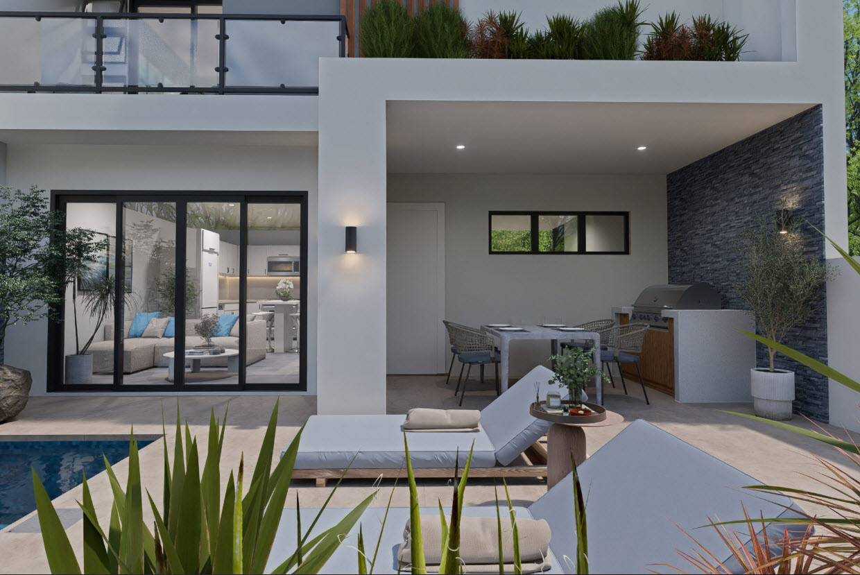 buyDRproperty Modern townhouse exterior with pool and outdoor dining area. Sosua Real Estate