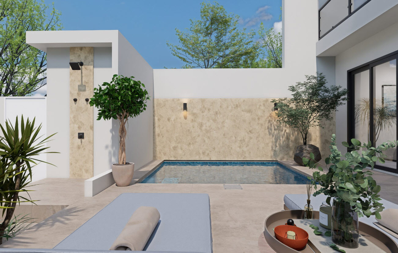 buyDRproperty Modern townhouse outdoor space with pool, lounge chairs, and greenery Sosua Real Estate