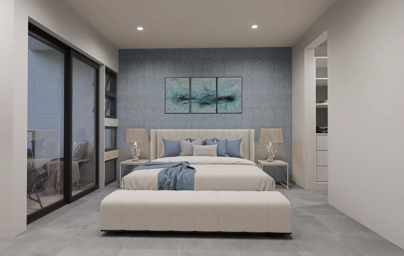 buyDRproperty Modern bedroom in a townhouse with a large bed, bench, and blue accents. Sosua Real Estate