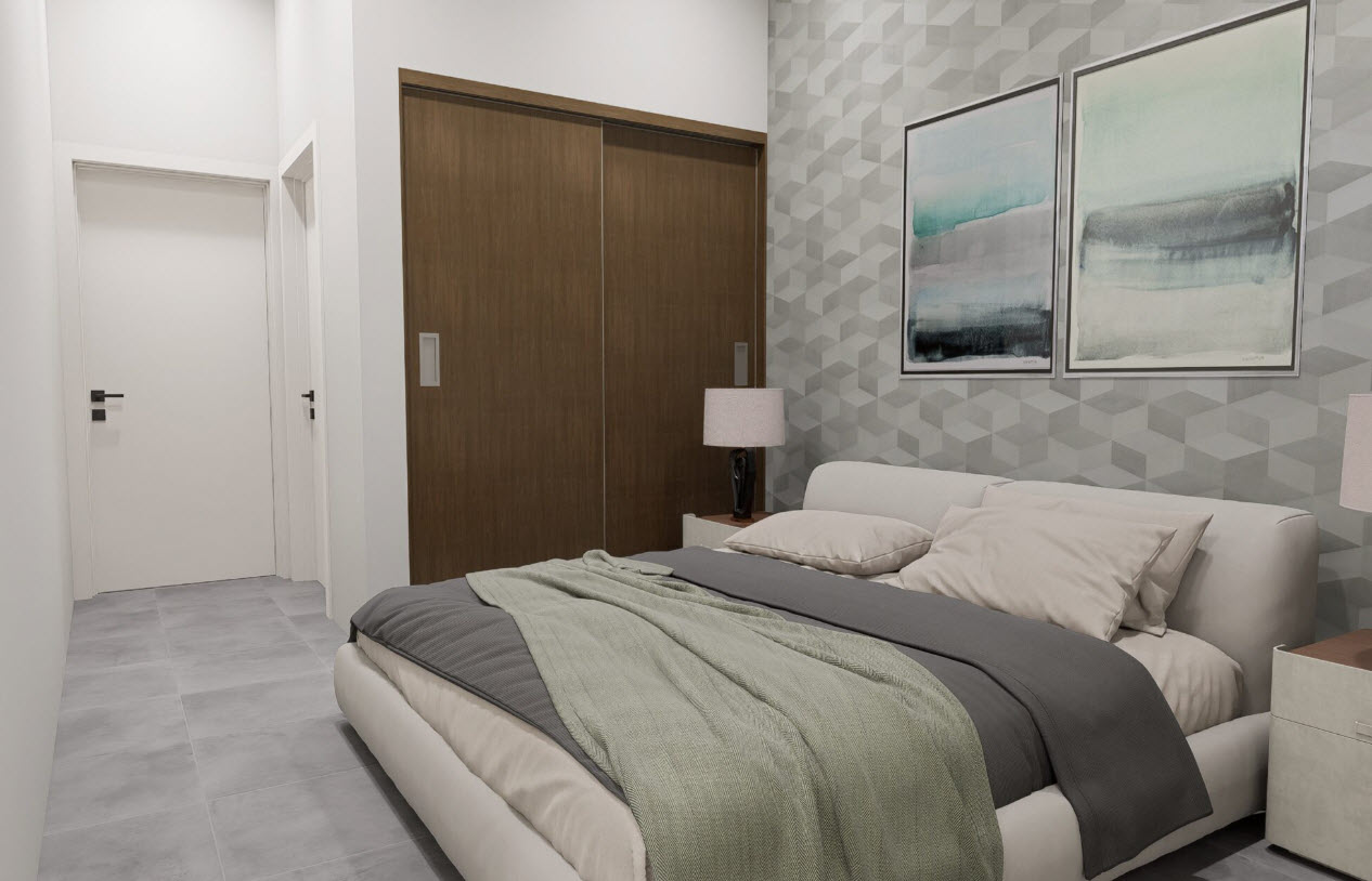 buyDRproperty Modern bedroom in a Casa Linda townhouse with artwork and sliding closet doors. Sosua Real Estate