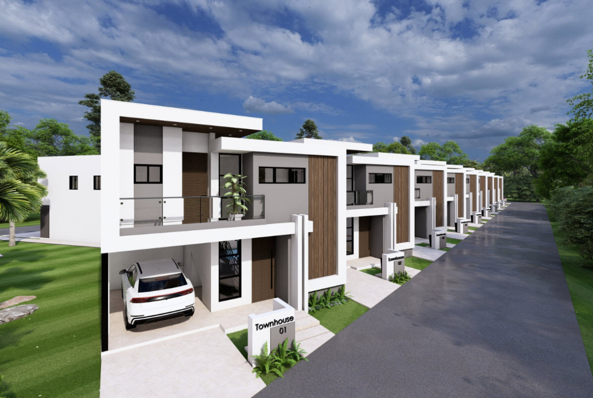 buyDRproperty Modern townhouse at Casa Linda with a car parked in the garage. Townhouse 01 Sosua Real Estate