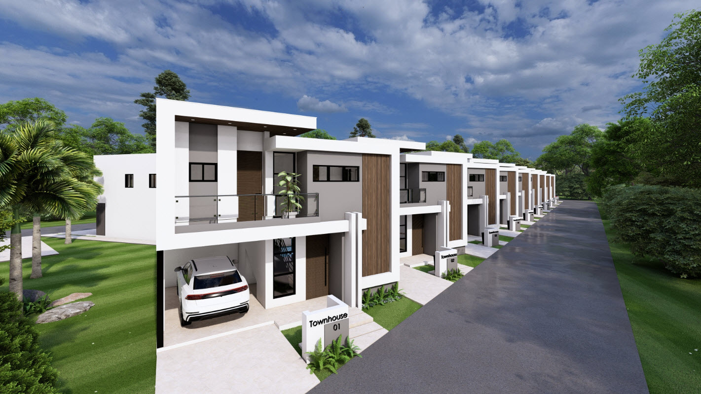 buyDRproperty Modern townhouse at Casa Linda with a car parked in the garage. Townhouse 01 Sosua Real Estate