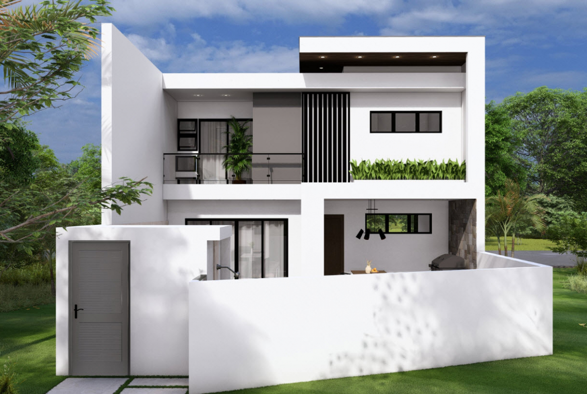 buyDRproperty Modern two-story townhouse with a white exterior surrounded by greenery. Sosua Real Estate
