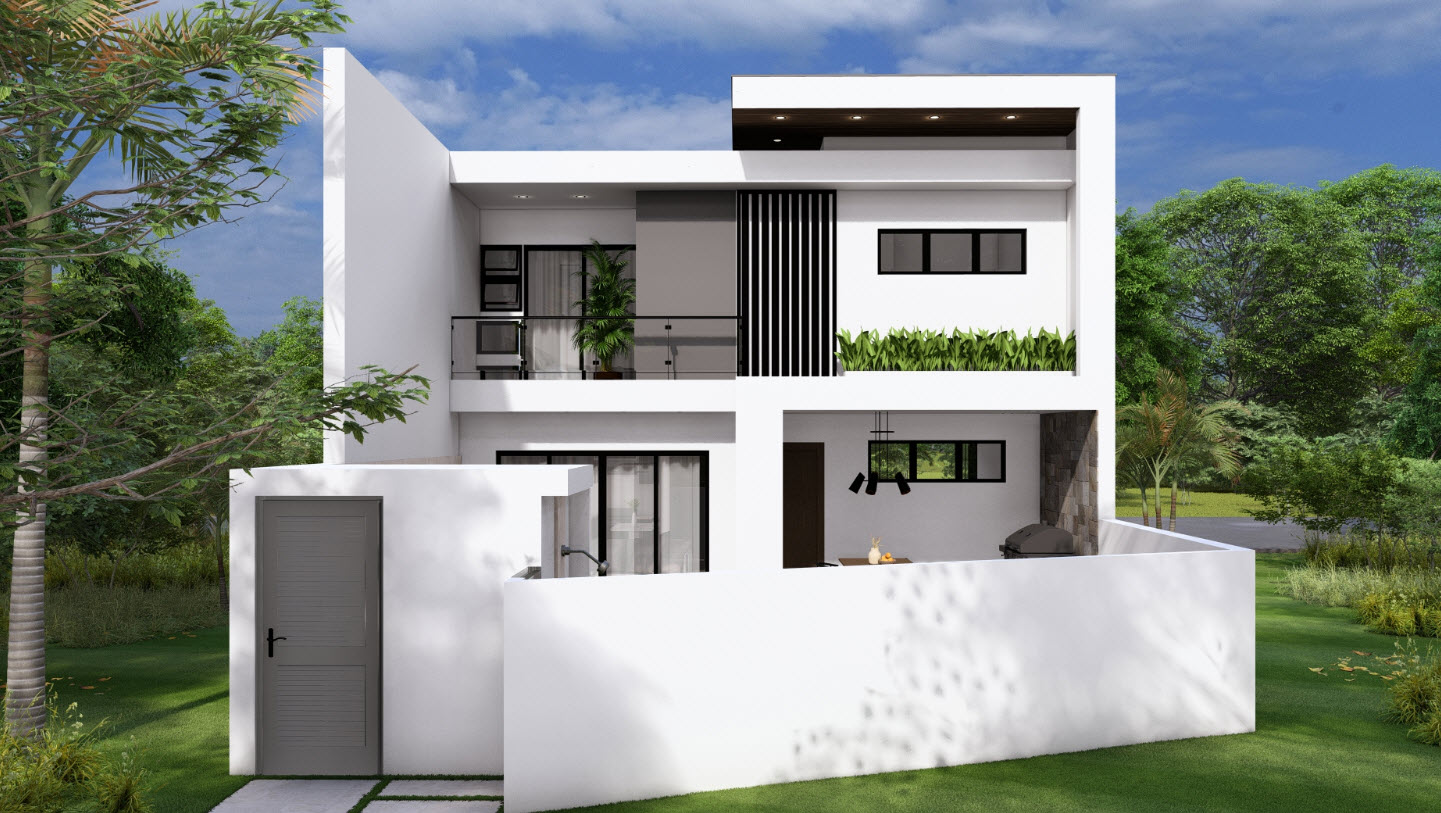 buyDRproperty Modern two-story townhouse with a white exterior surrounded by greenery. Sosua Real Estate