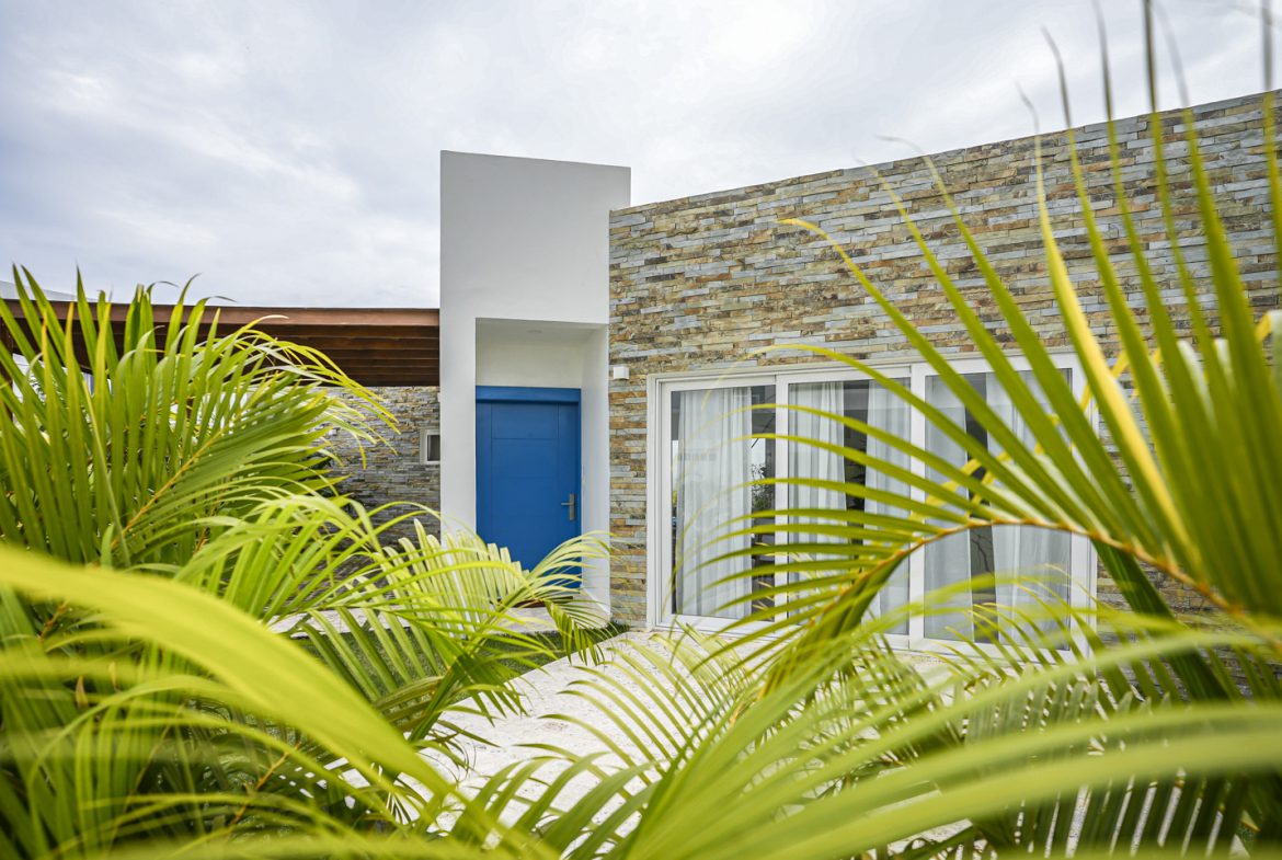 buyDRproperty Modern villa exterior with blue door and stone facade, surrounded by palm trees Sosua Real Estate