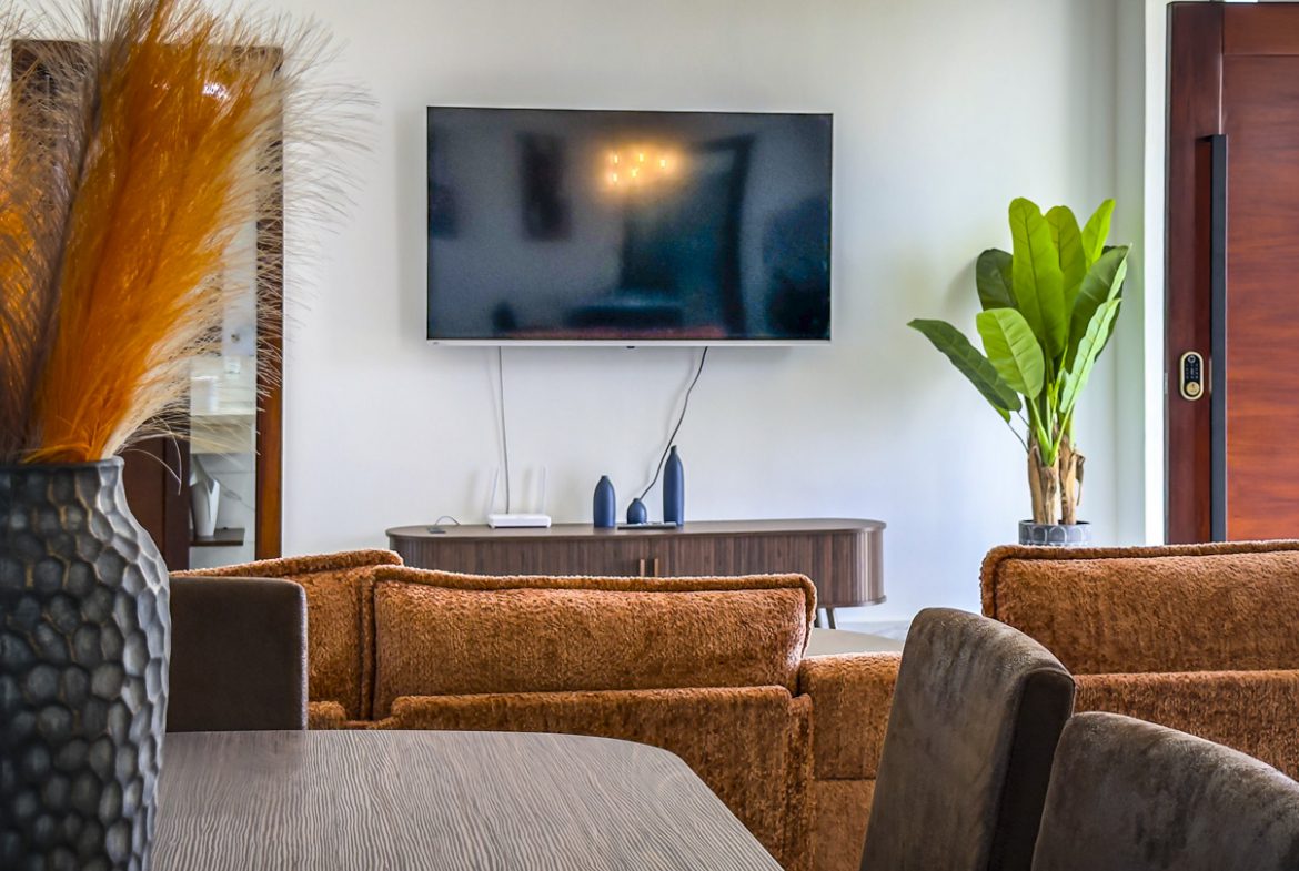 buyDRproperty Modern living room with TV, sofa, and decorative vase in a Sosua villa. Sosua Real Estate