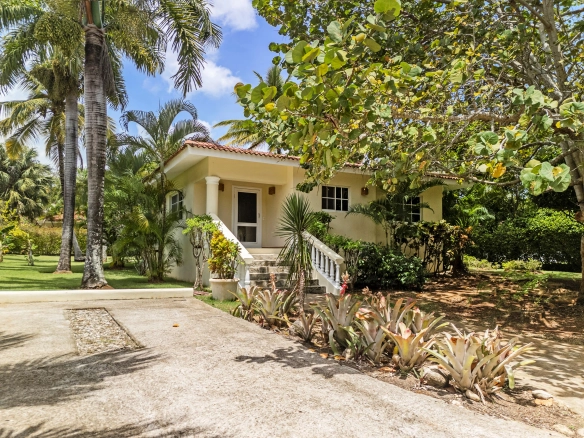 front of a yellow villa in garden