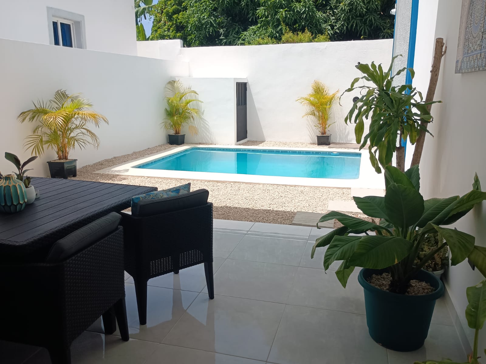 buyDRproperty Modern outdoor patio with swimming pool and plants. Sosua Real Estate