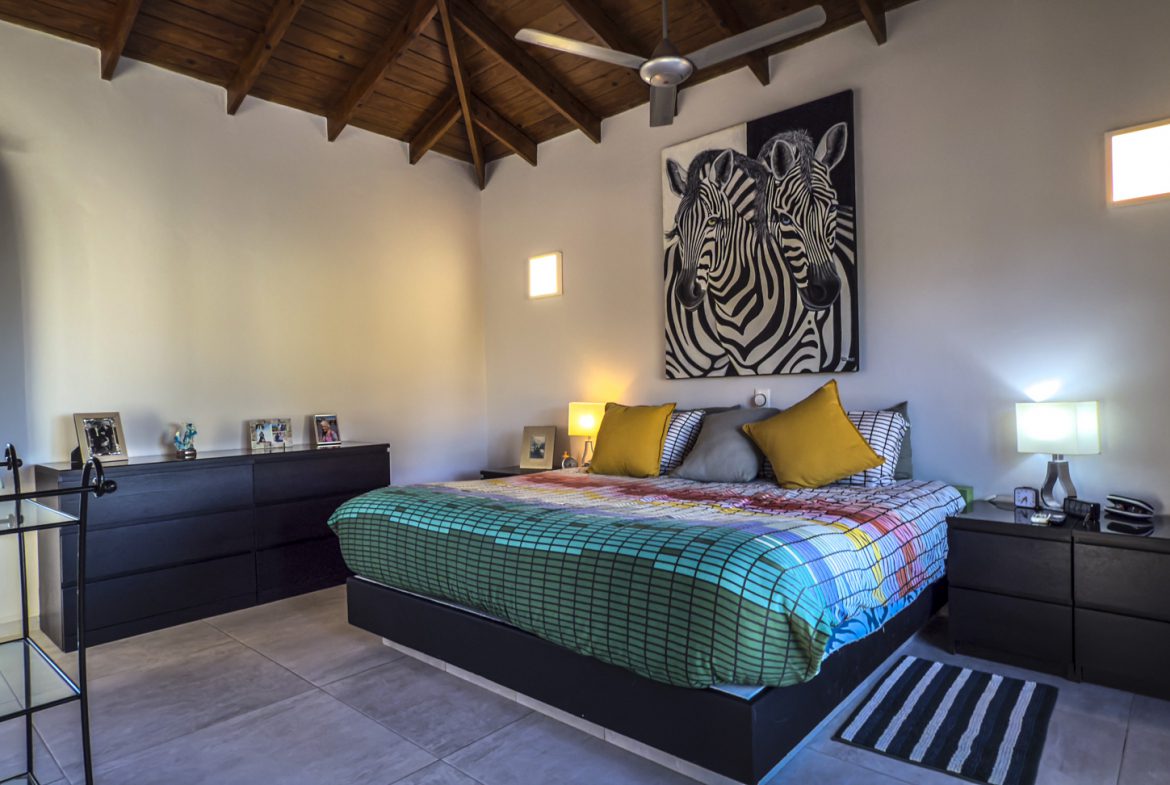 buyDRproperty Bedroom in a luxury villa with zebra artwork, featuring ocean views. Villa for sale in Panorama Village. Sosua Real Estate