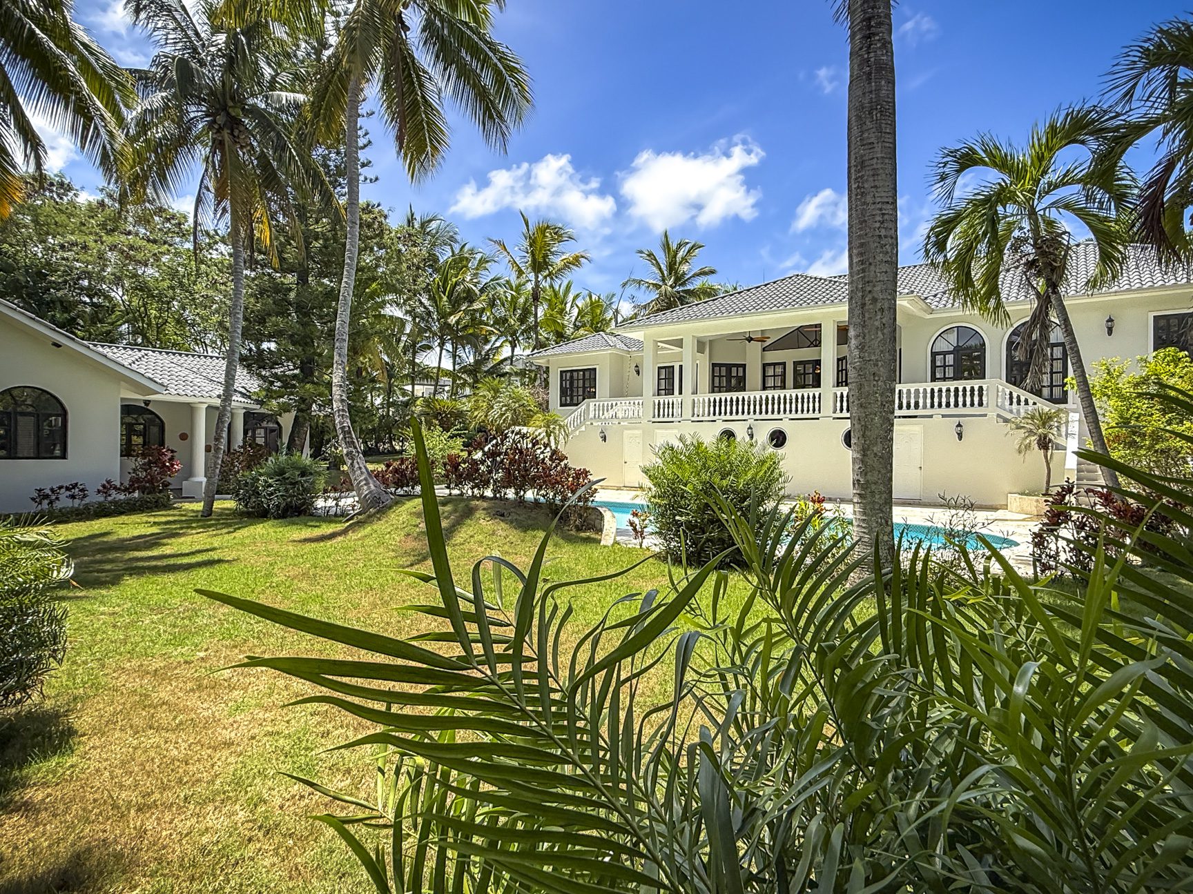 buyDRproperty Luxury villa with swimming pool in a tropical paradise setting, surrounded by palm trees. Sosua Real Estate