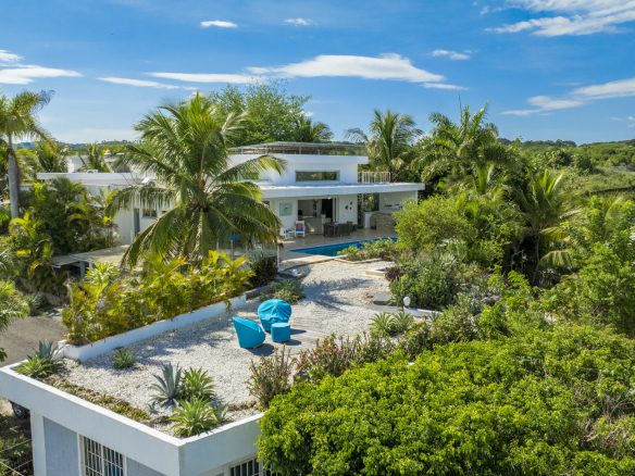 buyDRproperty Aerial view of a modern white villa with a rooftop garden, pool, and lush tropical landscaping. Sosua Real Estate