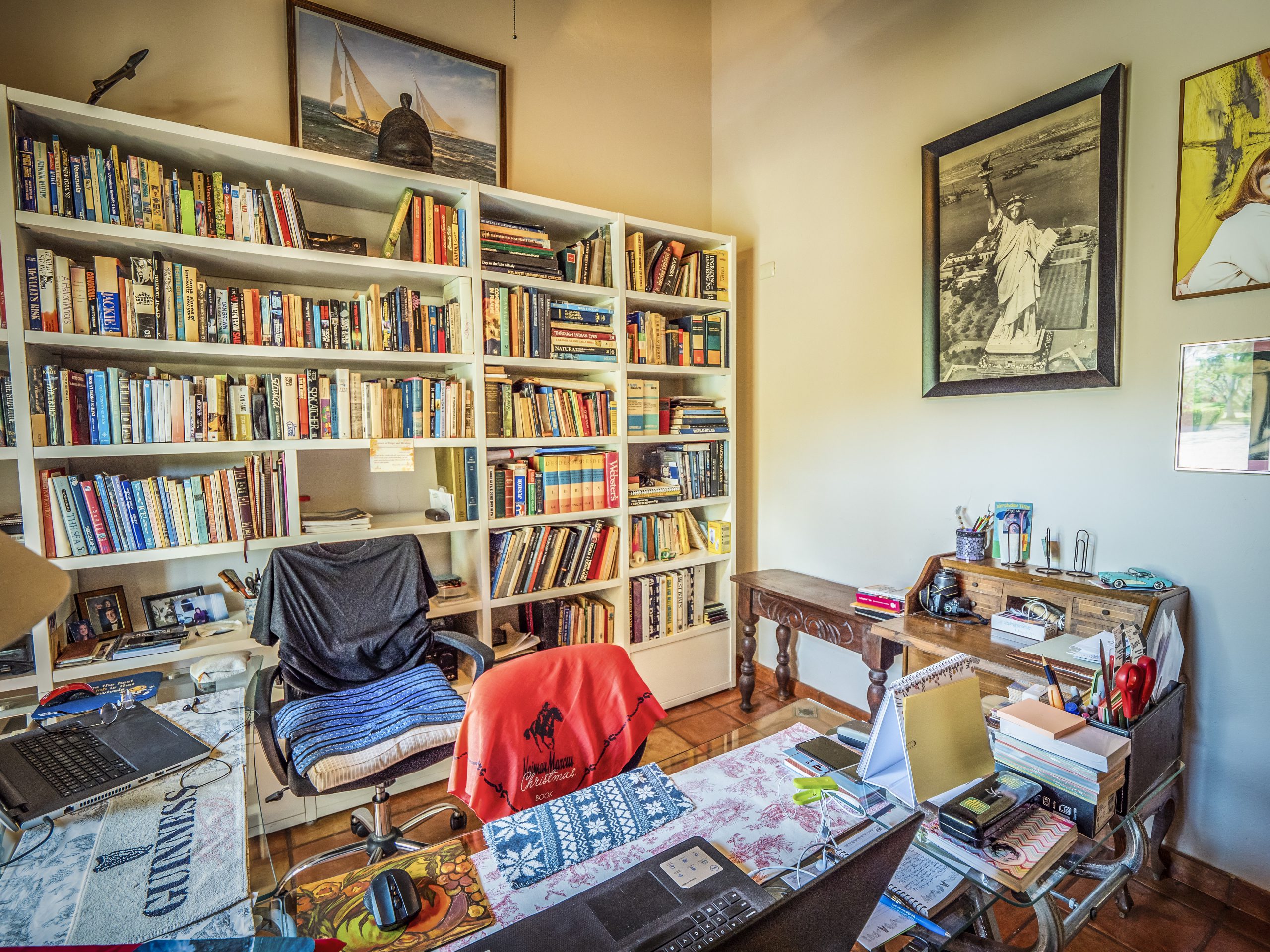 buyDRproperty Cozy home office with bookshelves and vintage decorations Sosua Real Estate