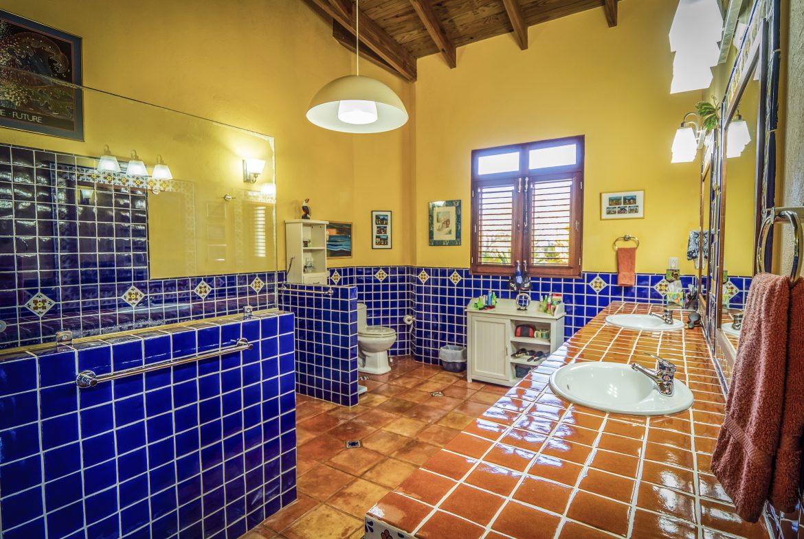 buyDRproperty Rustic bathroom with blue tile walls and orange tile countertops Sosua Real Estate