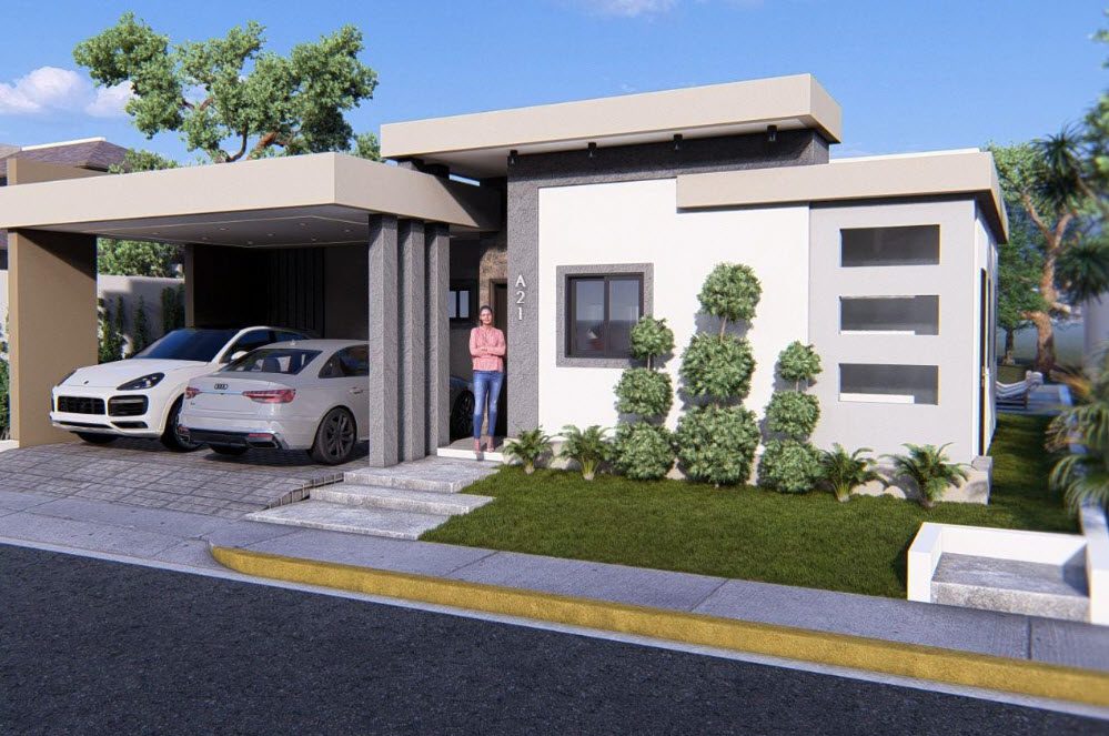 buyDRproperty Modern villa with carport, lawn, and landscaping. "A21" visible on the wall. Sosua Real Estate