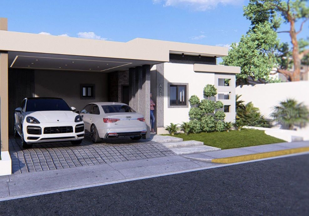 buyDRproperty Modern villa with carport featuring luxury cars, landscaping, and a clean, contemporary design. Sosua Real Estate
