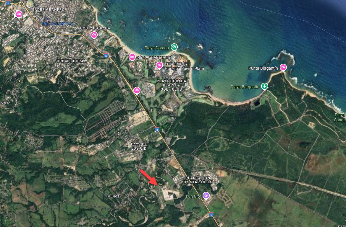 buyDRproperty Aerial view of Playa Dorada, Dominican Republic, featuring beaches, resorts, and golf courses along the coastline. Sosua Real Estate