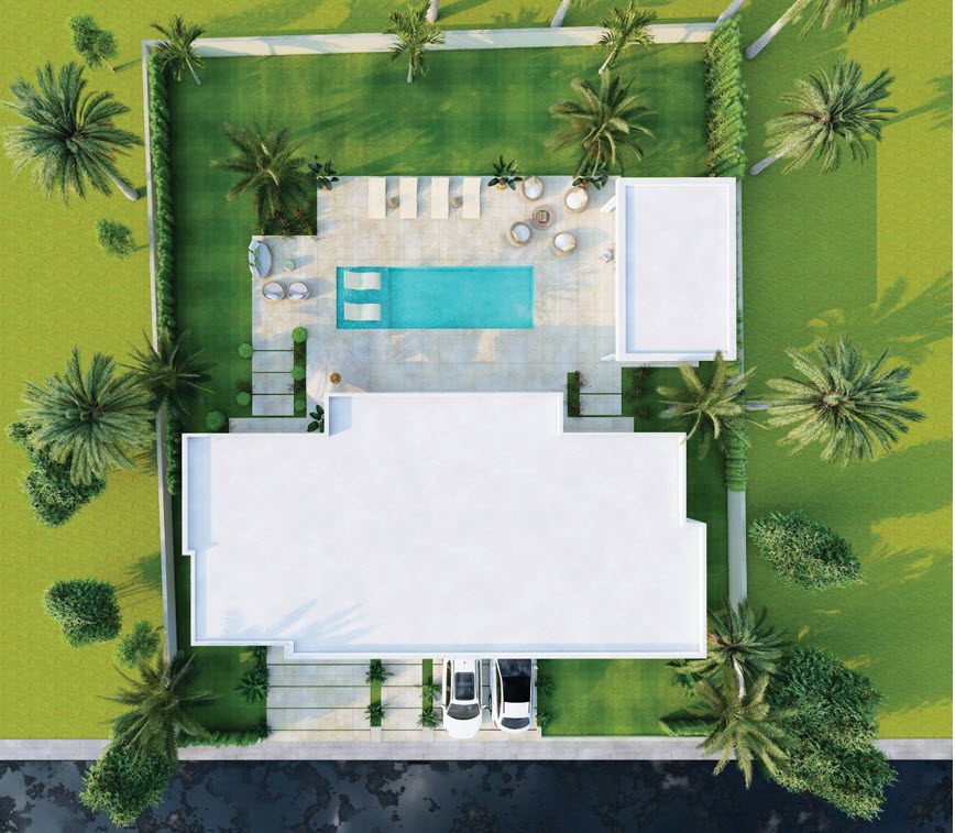 buyDRproperty Aerial view of a Casa Linda lot for sale with construction started, showing the house, pool, and surrounding landscape. Sosua Real Estate