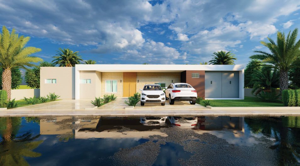 buyDRproperty Modern home with two cars parked in front, reflected in water. Sosua lot for development. Sosua Real Estate