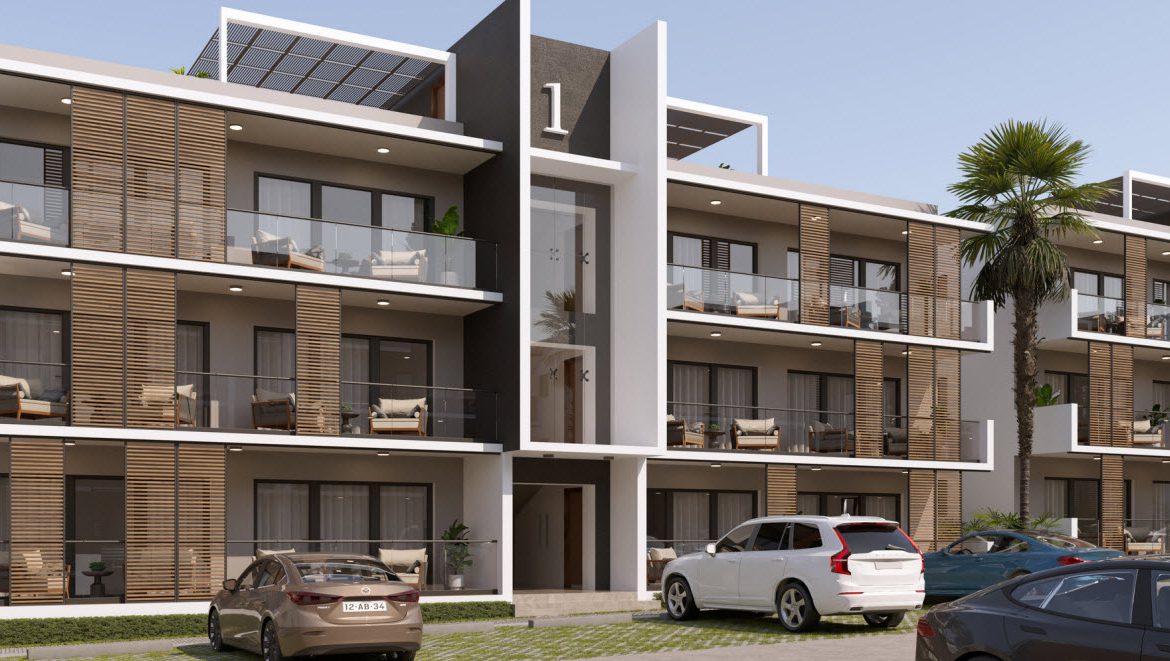 buyDRproperty Modern apartment complex with balconies, cars parked outside. "Zocalo Group" logo visible. Sosua Real Estate