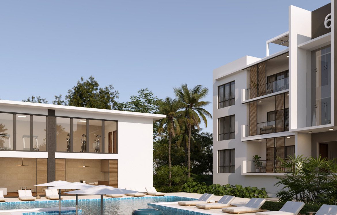 buyDRproperty Modern condo building with pool, lounge chairs, and gym. "Zocalo Group" logo visible. Sosua Real Estate