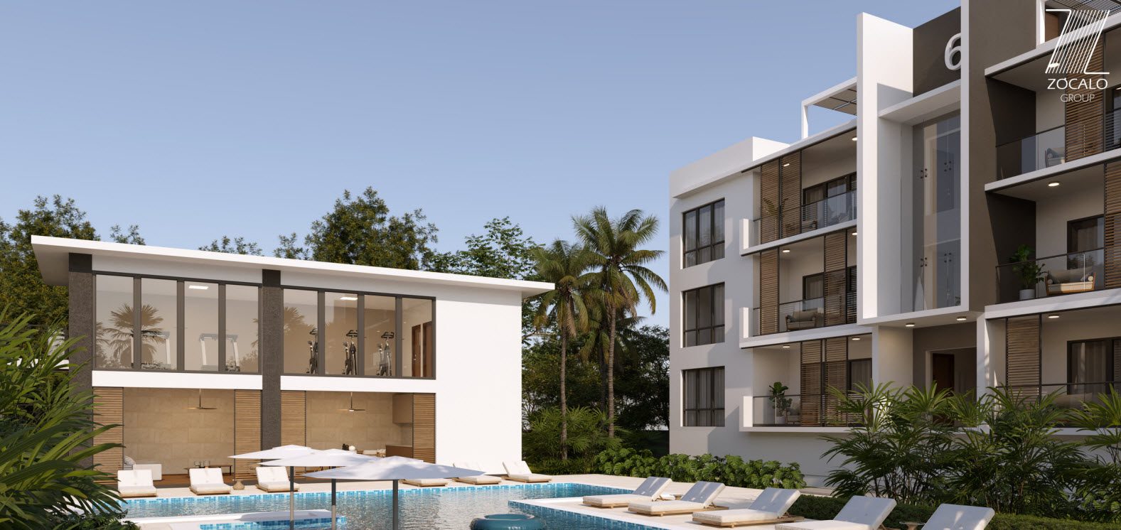 buyDRproperty Modern condo building with pool, lounge chairs, and gym. "Zocalo Group" logo visible. Sosua Real Estate