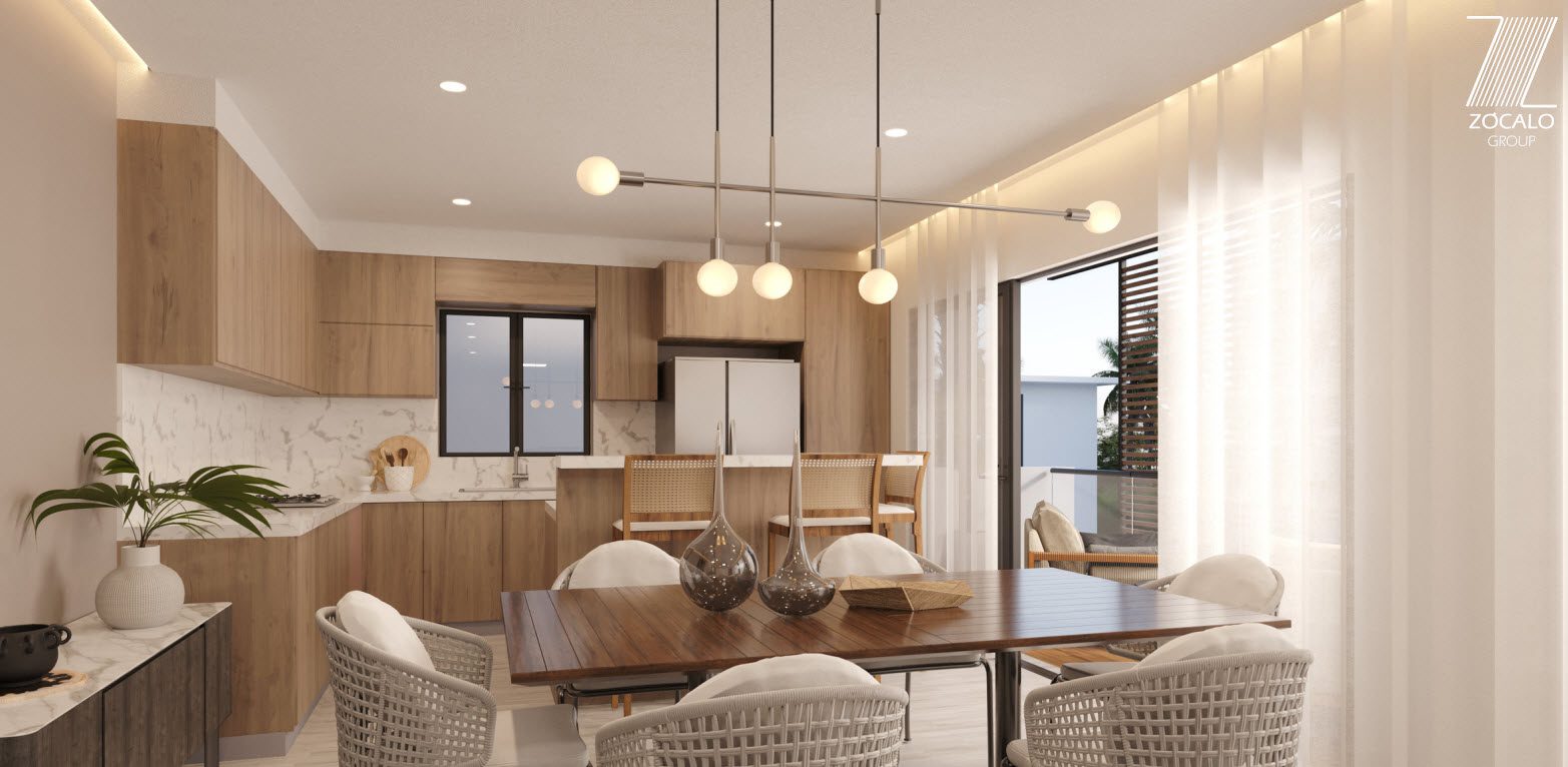 buyDRproperty Modern dining room with wood table and woven chairs, bright and airy. Sosua Real Estate