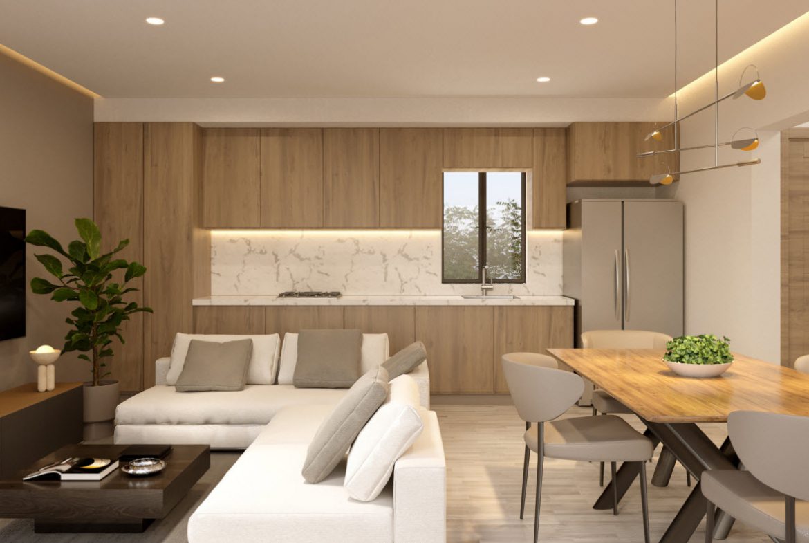 buyDRproperty Modern living room with white sofa, wood cabinets, dining table, and Netflix on TV. Zocalo Group logo in corner. Sosua Real Estate