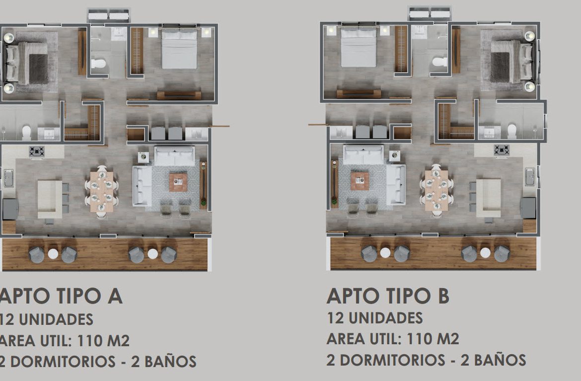 Floor plan for 1 and 2 bedroom luxury condo Sosúa center