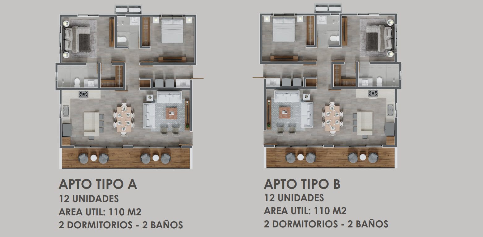 Floor plan for 1 and 2 bedroom luxury condo Sosúa center