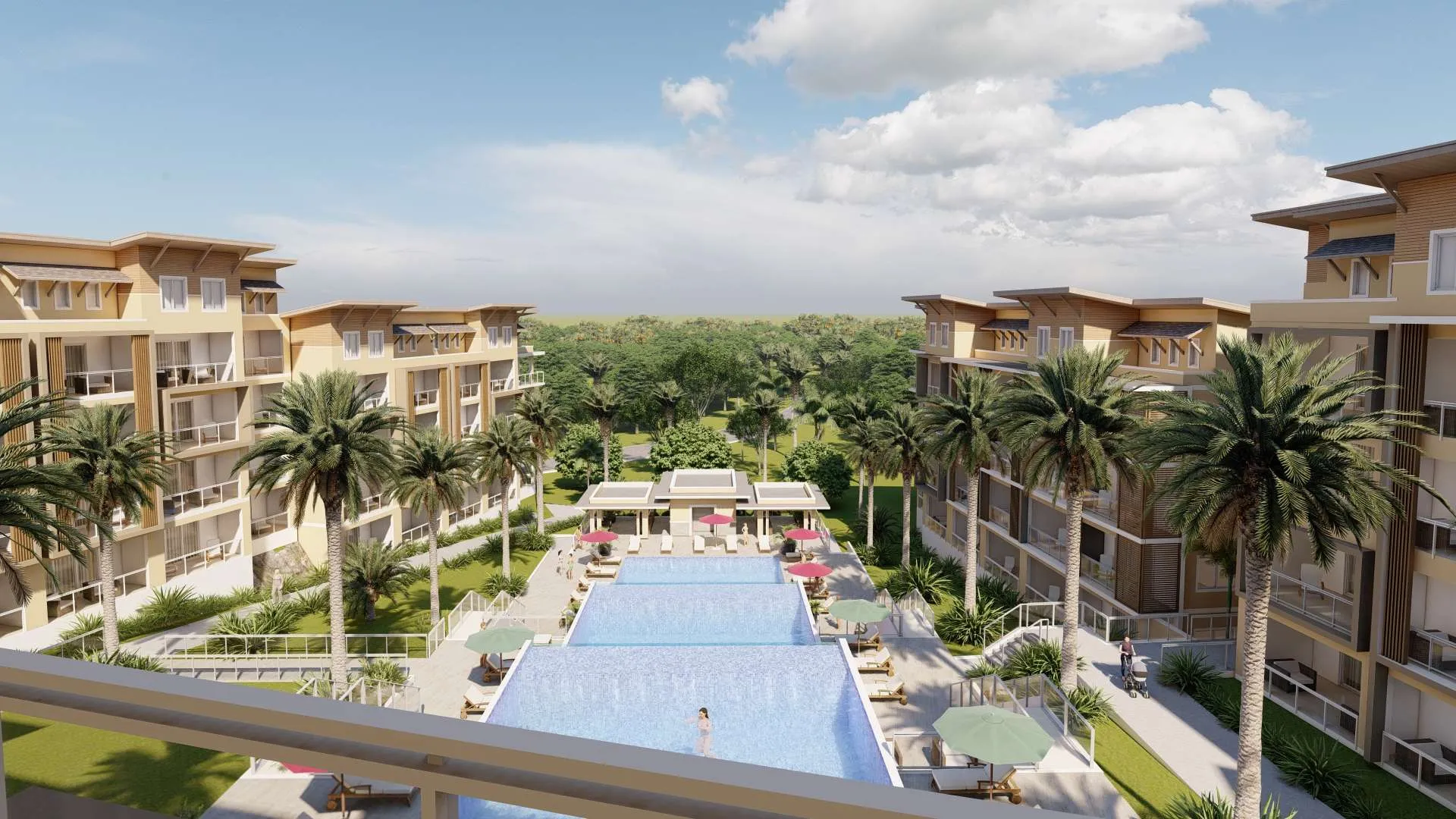 buyDRproperty Luxury resort with pools, palm trees, and modern condo buildings. Sosua Real Estate