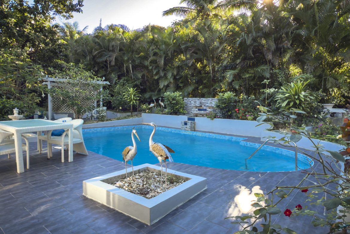 buyDRproperty Tropical villa pool with crane statues, lush garden, and waterfall feature. Sosua Real Estate
