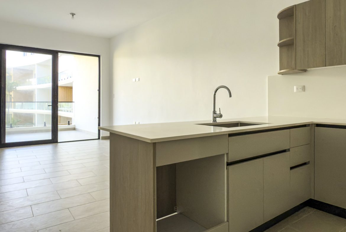buyDRproperty Modern apartment kitchen with sleek cabinets, sink, and balcony. Sosua Real Estate