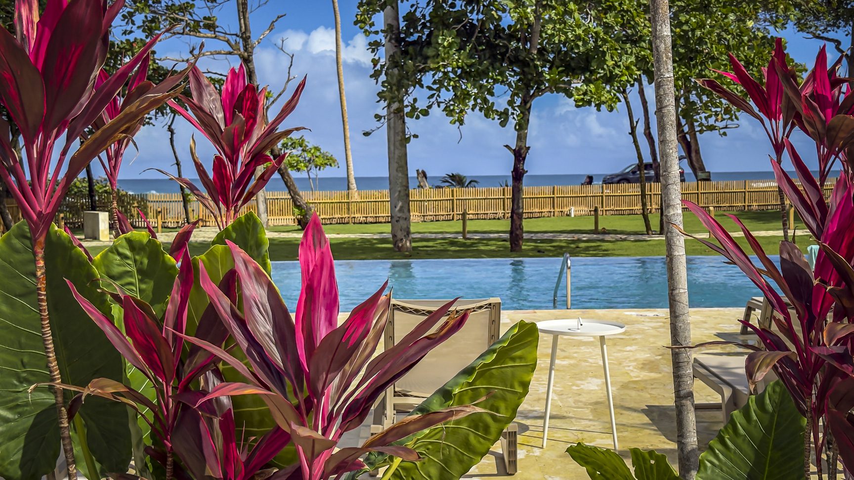buyDRproperty Tropical resort pool with lounge chairs, vibrant red plants, and a view of the ocean. Sosua Real Estate