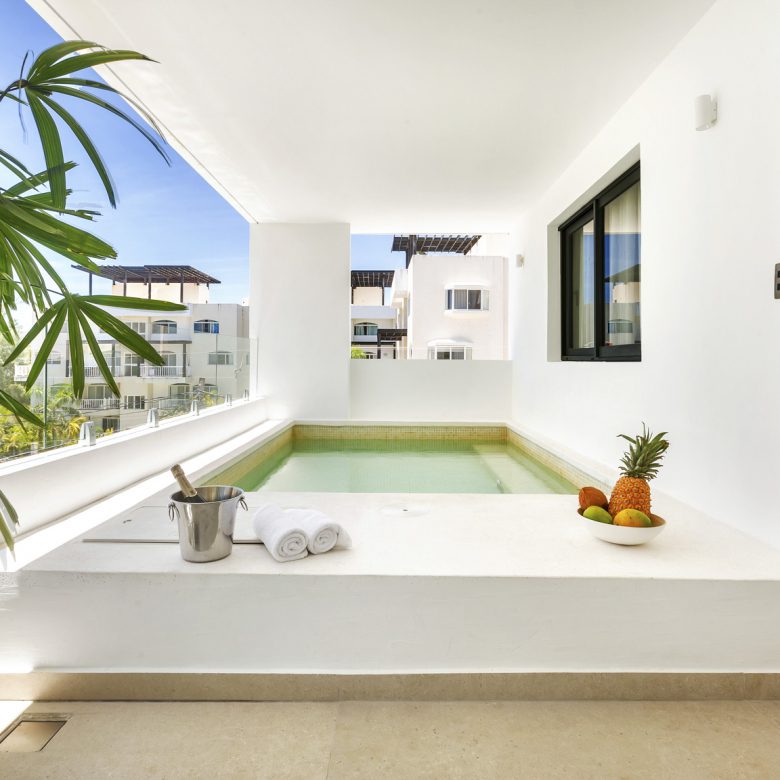 buyDRproperty Luxury resort balcony with plunge pool, fresh fruit, and chilled champagne. Tropical vacation vibes. Sosua Real Estate